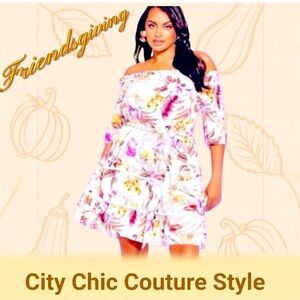NWT CITY CHIC Flattering Tie-Waist Tropical Floral Off-Shoulder Flattering Dress